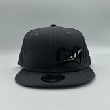 Snapback - Classic Script in WHITE/BLACK Puff on “CHARCOAL”