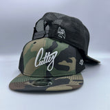 Snapback - 1Liner in WHITE Classic Puff on “Camo TRUCKER”