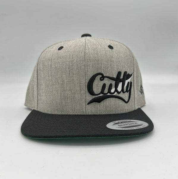 Snapback - Classic Script in BLACK/WHITE Puff on “HeatherGrey/Blk ...