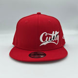 Snapback - Classic Script in WHITE/BLACK Puff on “RED”